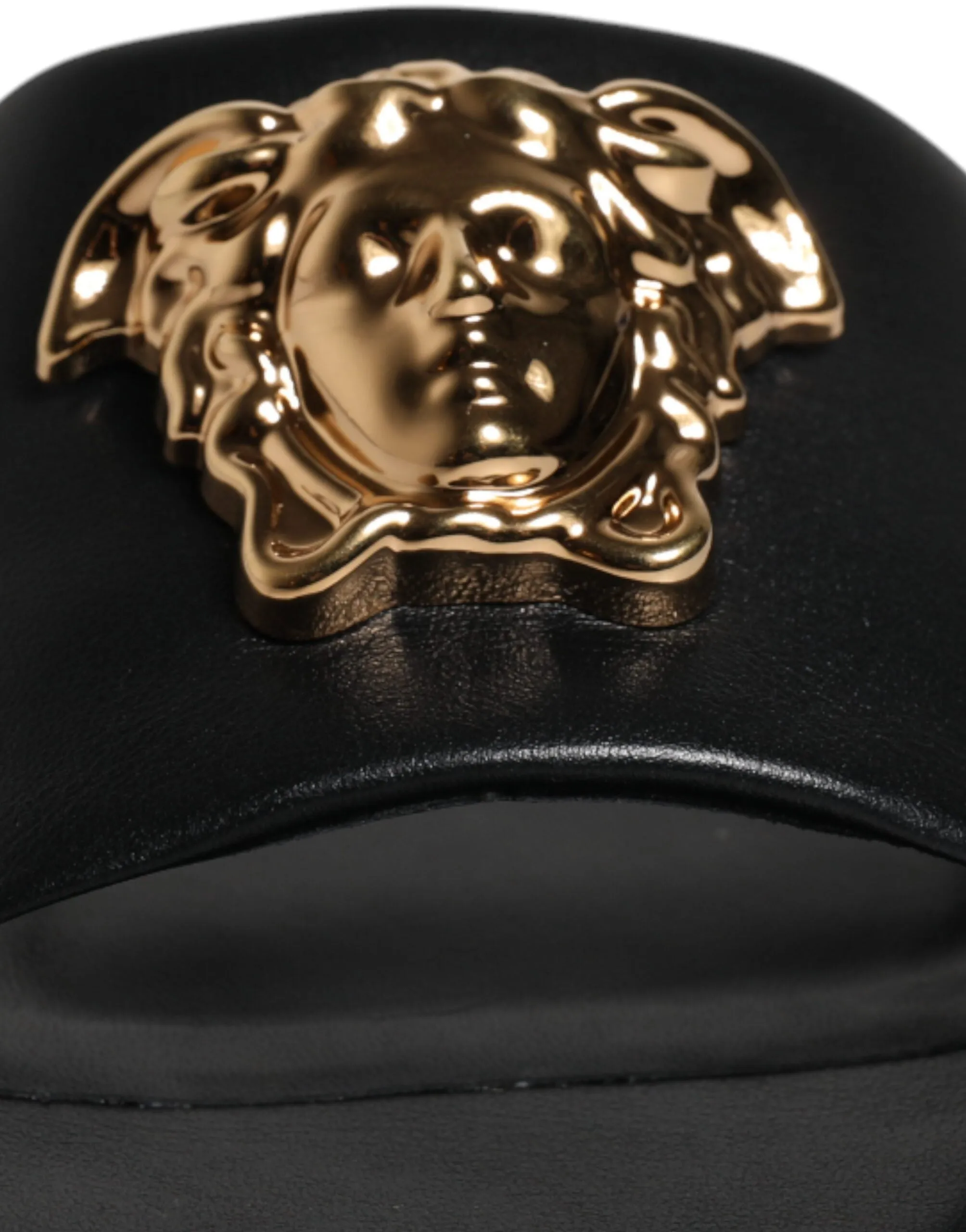 VERSACE Women Black Sandals 100% Leather Logo Plaque Solid Slide Shoes Sz EUR 38