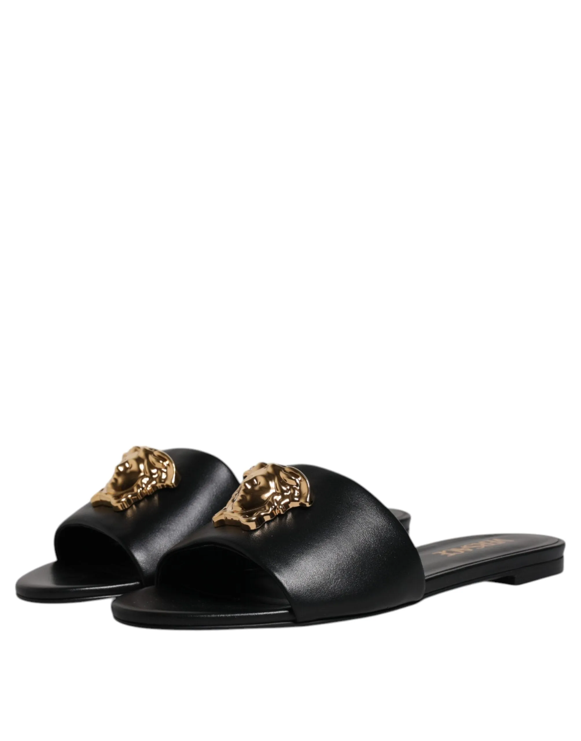 VERSACE Women Black Sandals 100% Leather Logo Plaque Solid Slide Shoes Sz EUR 38