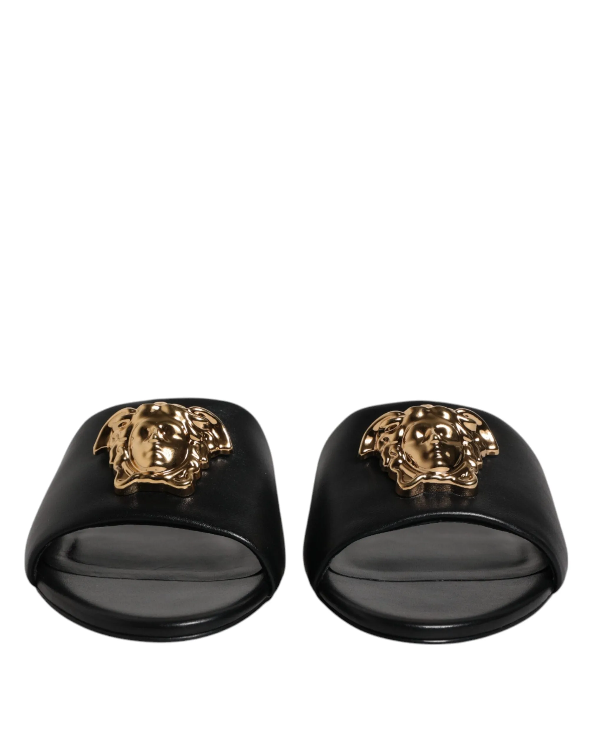 VERSACE Women Black Sandals 100% Leather Logo Plaque Solid Slide Shoes Sz EUR 38