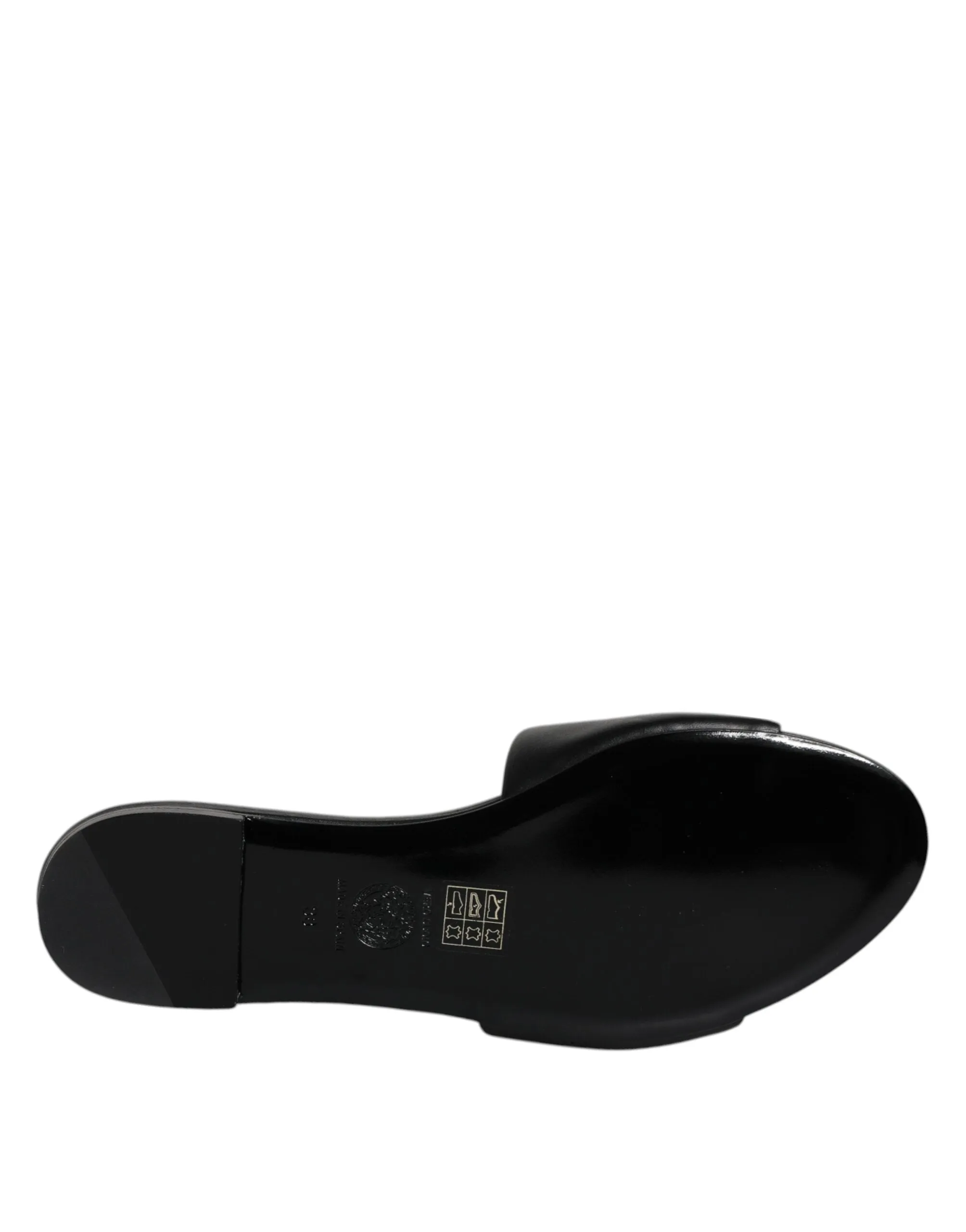 VERSACE Women Black Sandals 100% Leather Logo Plaque Solid Slide Shoes Sz EUR 38
