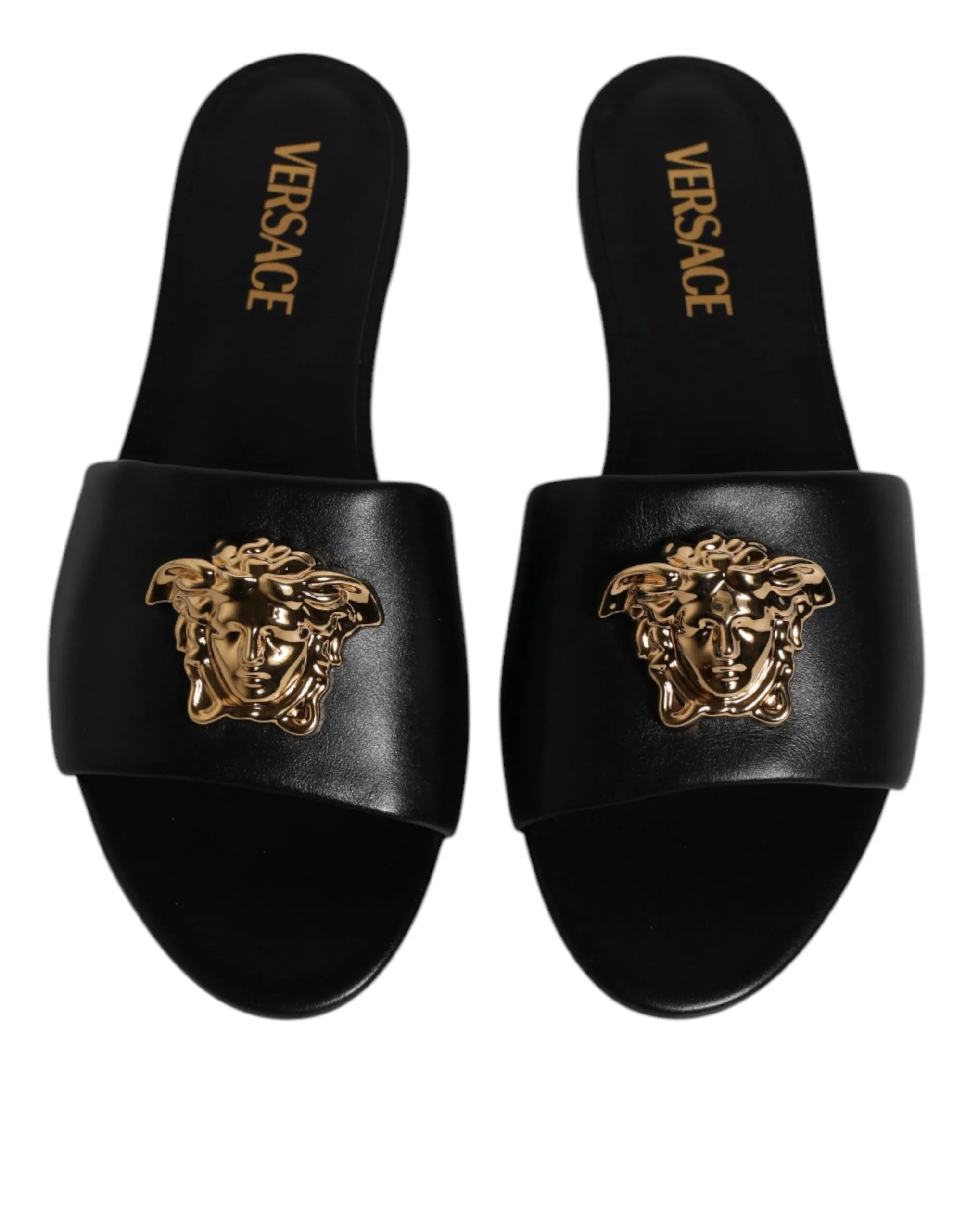 VERSACE Women Black Sandals 100% Leather Logo Plaque Solid Slide Shoes Sz EUR 38