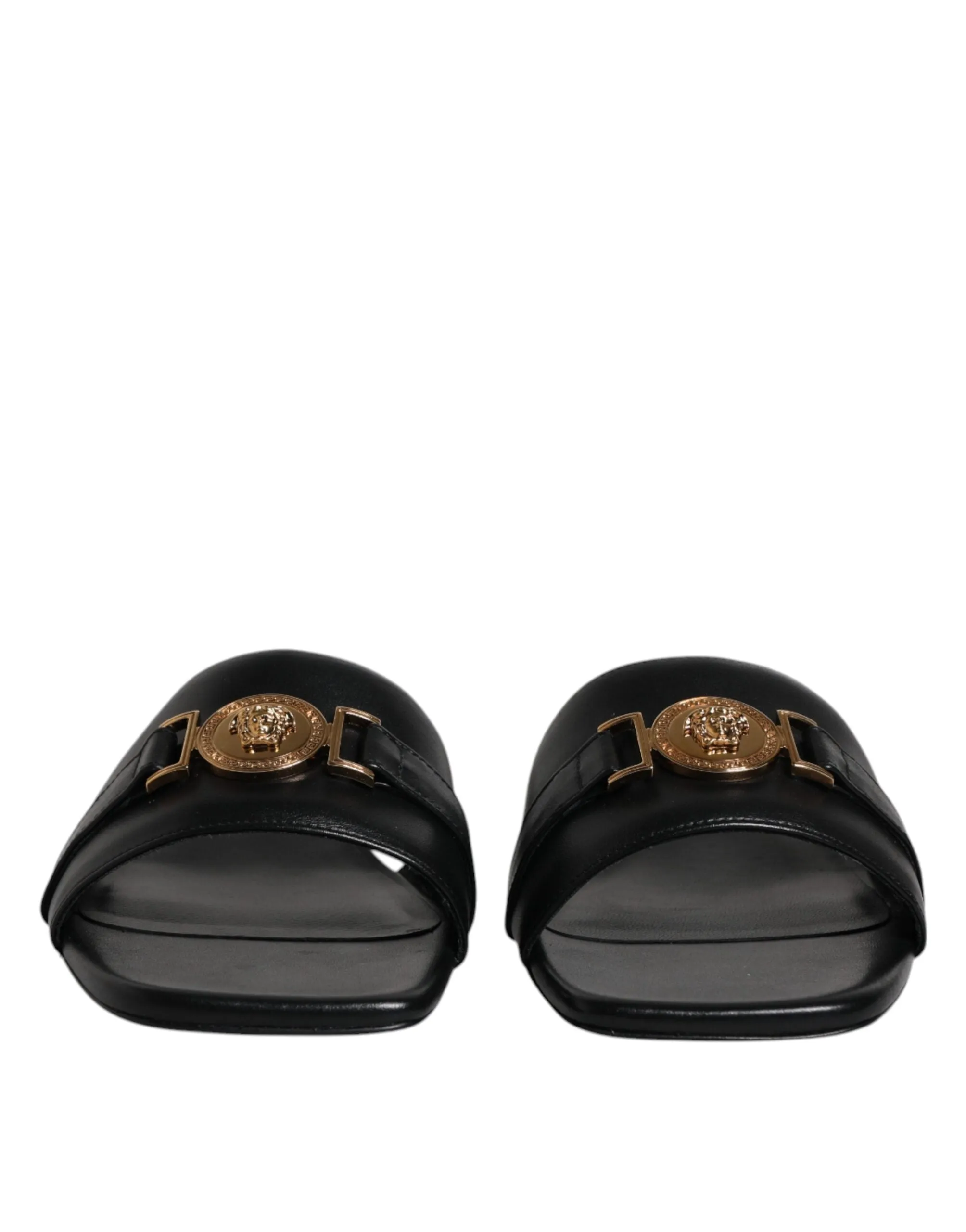 VERSACE Women Black Sandals 100% Leather Logo Plaque Square Toe Flat Slide Shoes