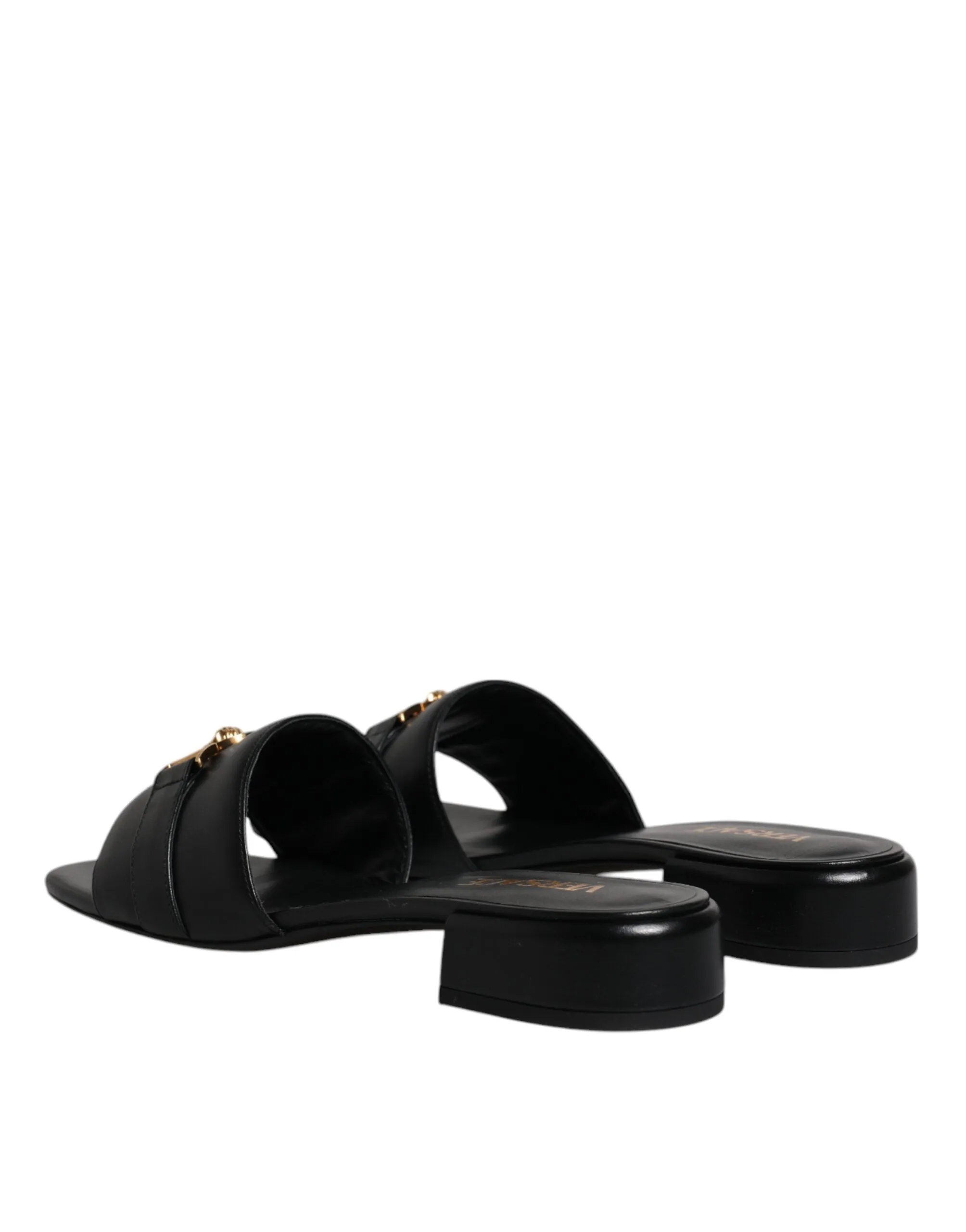 VERSACE Women Black Sandals 100% Leather Logo Plaque Square Toe Flat Slide Shoes