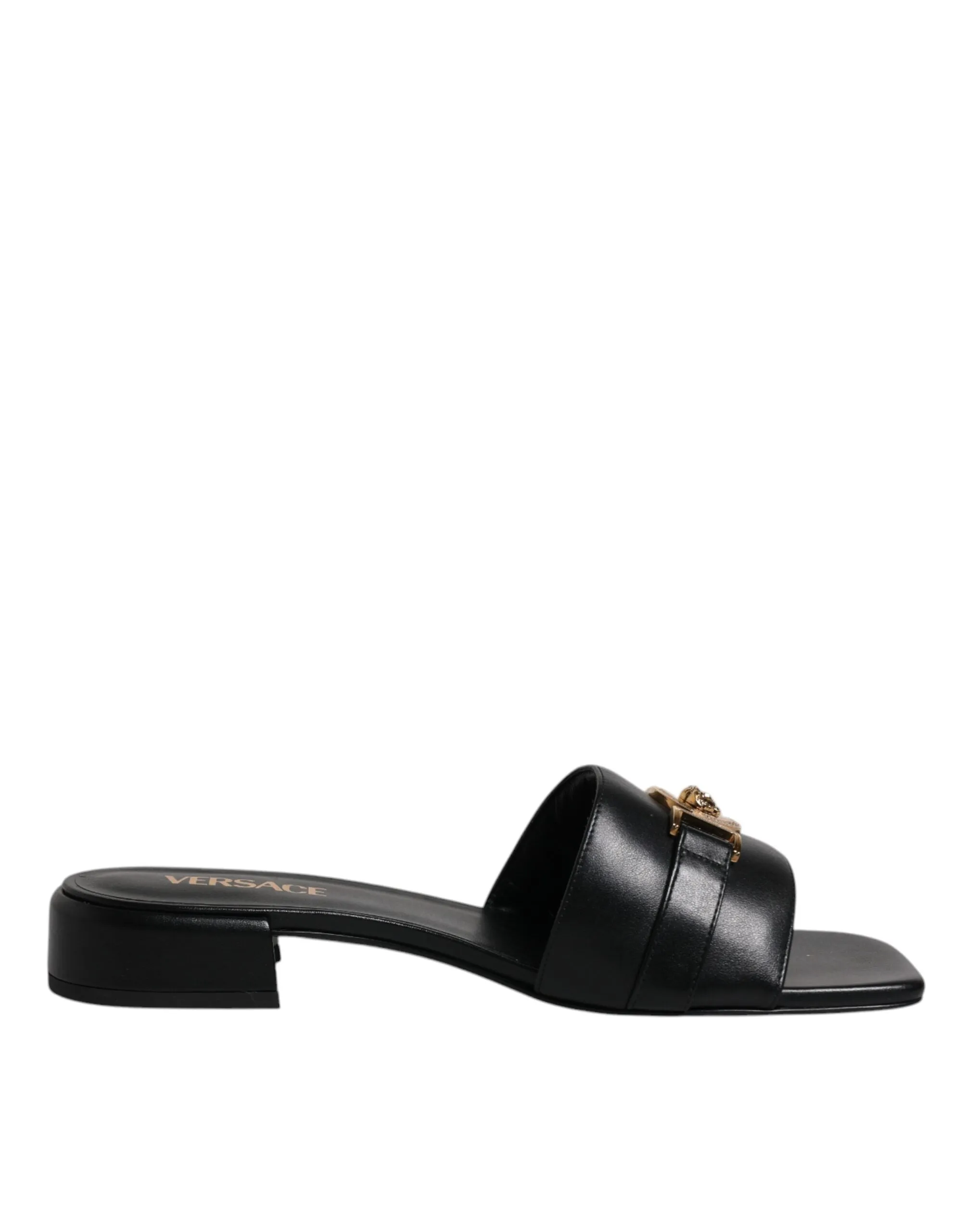VERSACE Women Black Sandals 100% Leather Logo Plaque Square Toe Flat Slide Shoes