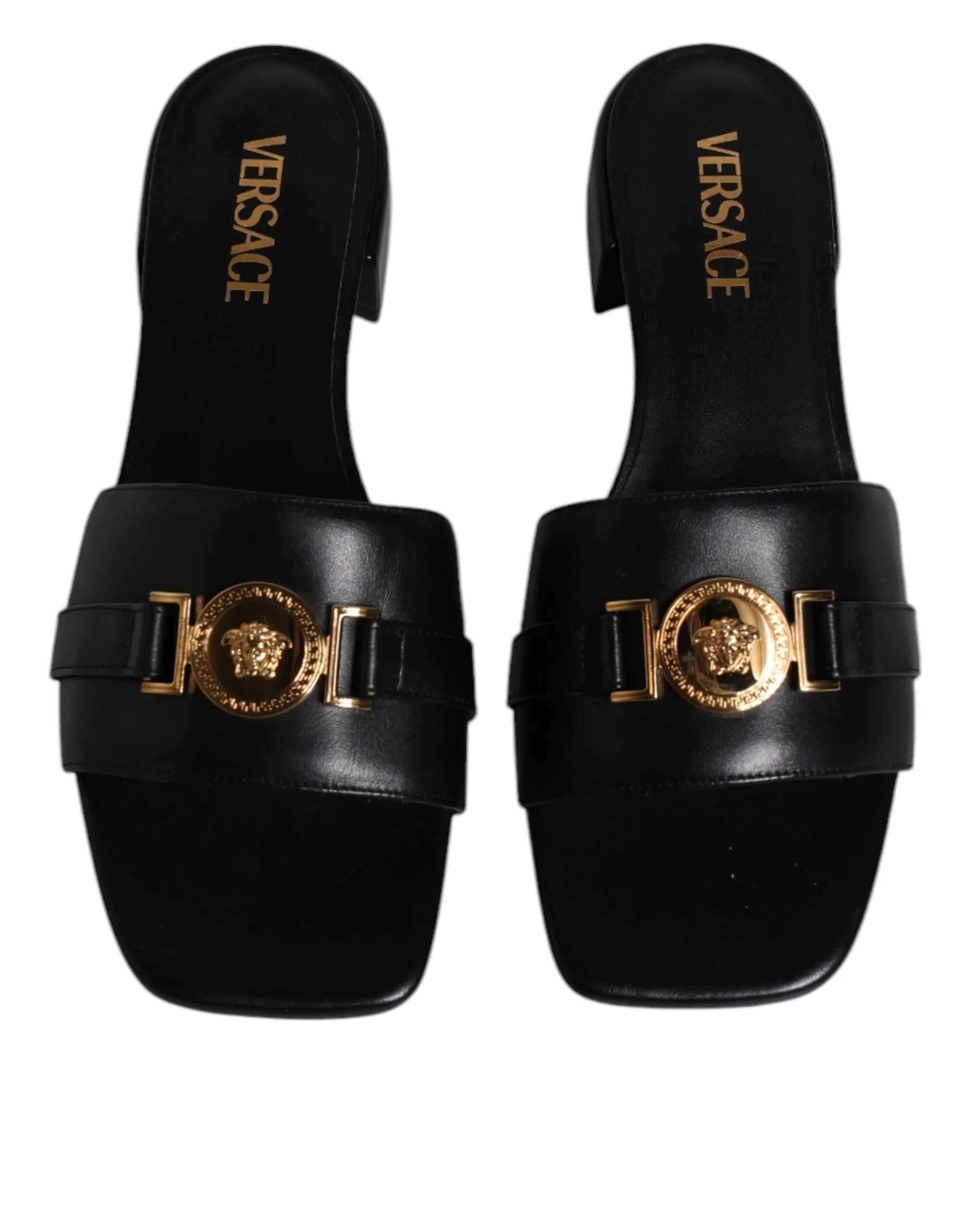 VERSACE Women Black Sandals 100% Leather Logo Plaque Square Toe Flat Slide Shoes