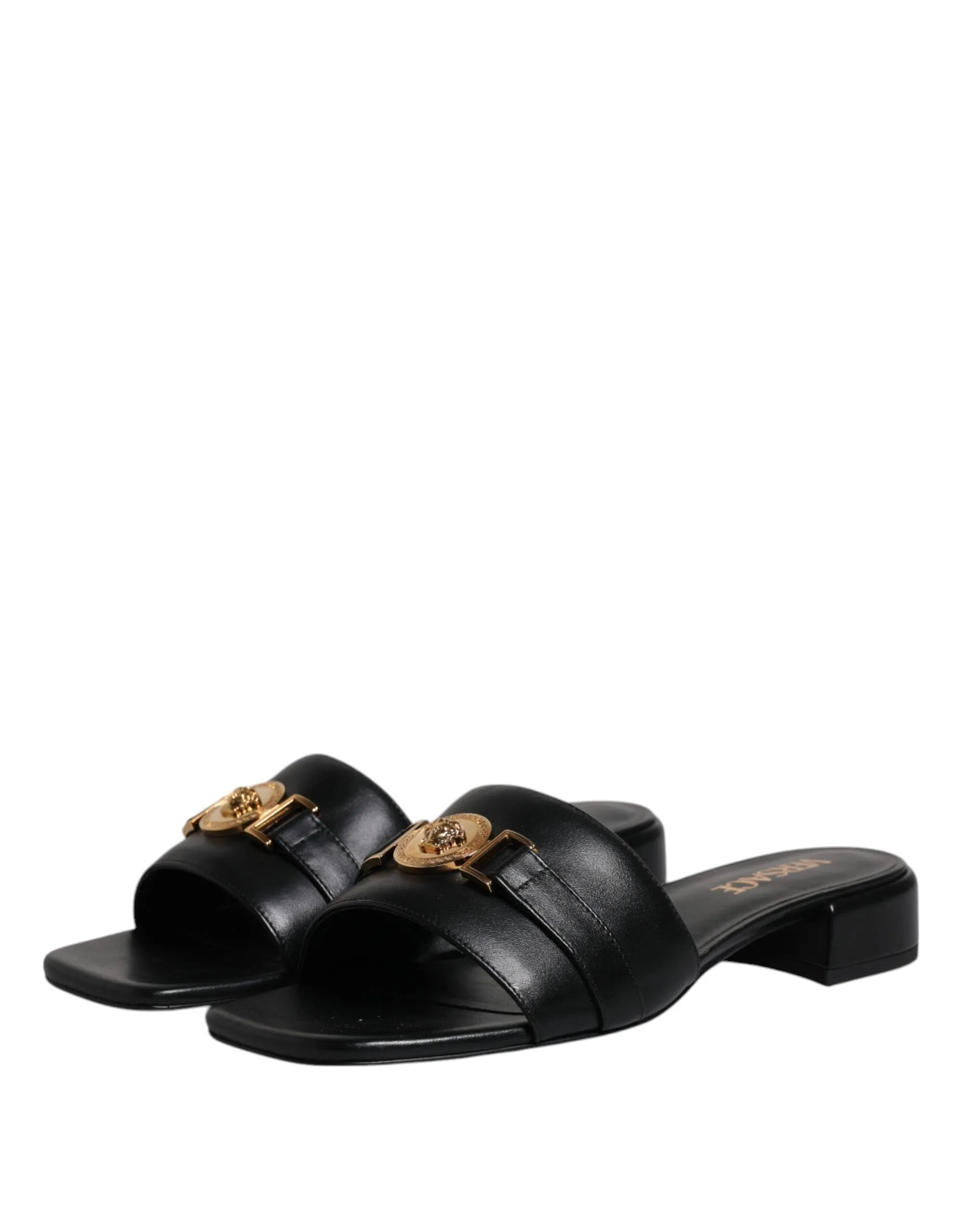 VERSACE Women Black Sandals 100% Leather Logo Plaque Square Toe Flat Slide Shoes