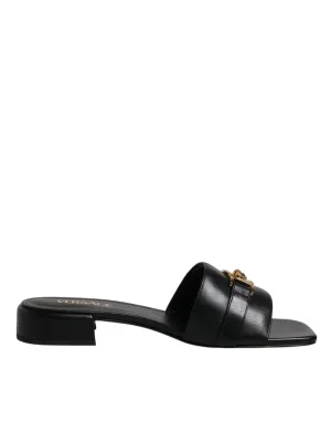 VERSACE Women Black Sandals 100% Leather Logo Plaque Square Toe Flat Slide Shoes