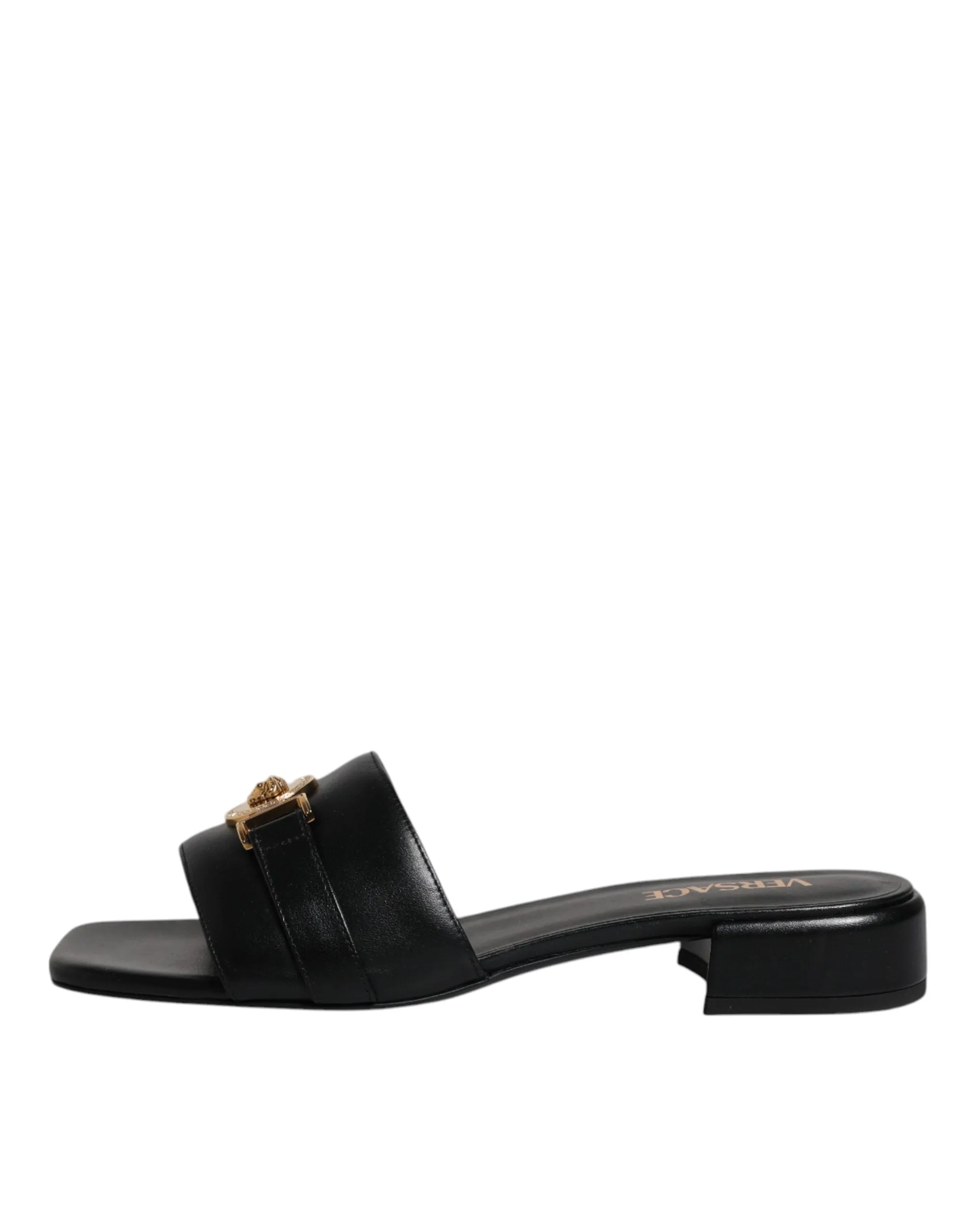 VERSACE Women Black Sandals 100% Leather Logo Plaque Square Toe Flat Slide Shoes