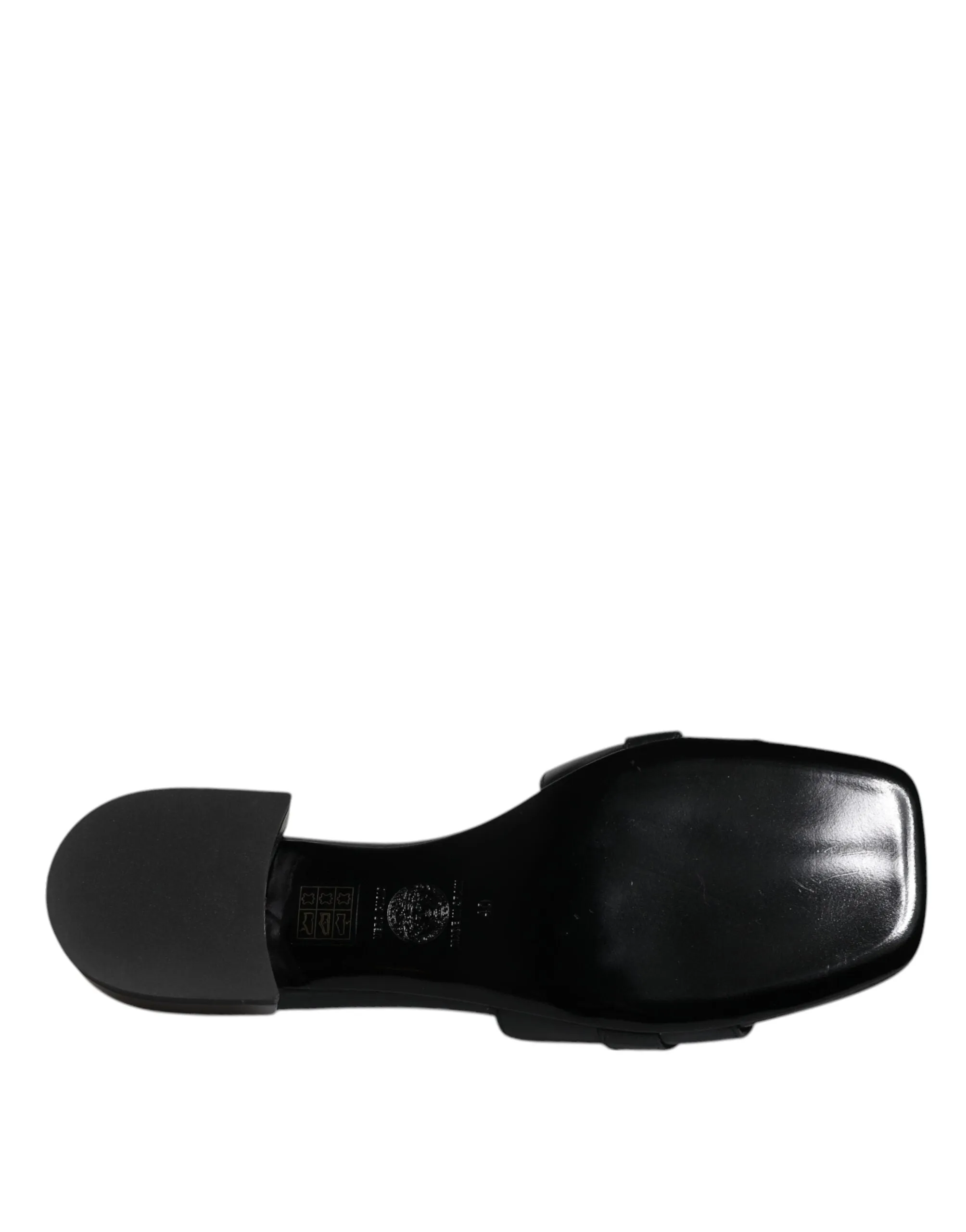 VERSACE Women Black Sandals 100% Leather Logo Plaque Square Toe Flat Slide Shoes