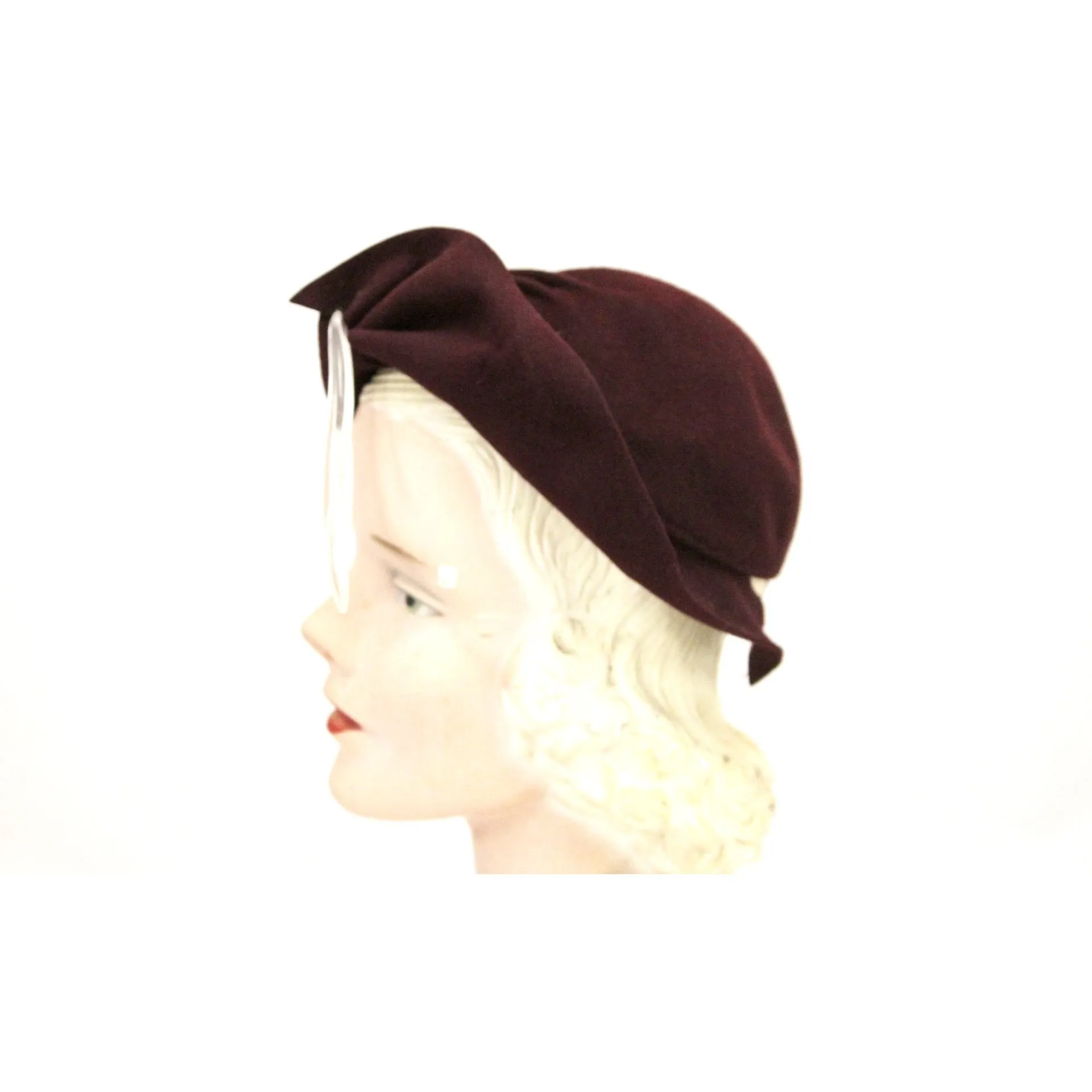 Vintage 1930s Semi-Cloche Hat Maroon Red Huge Clear Lucite Hatpin O/S