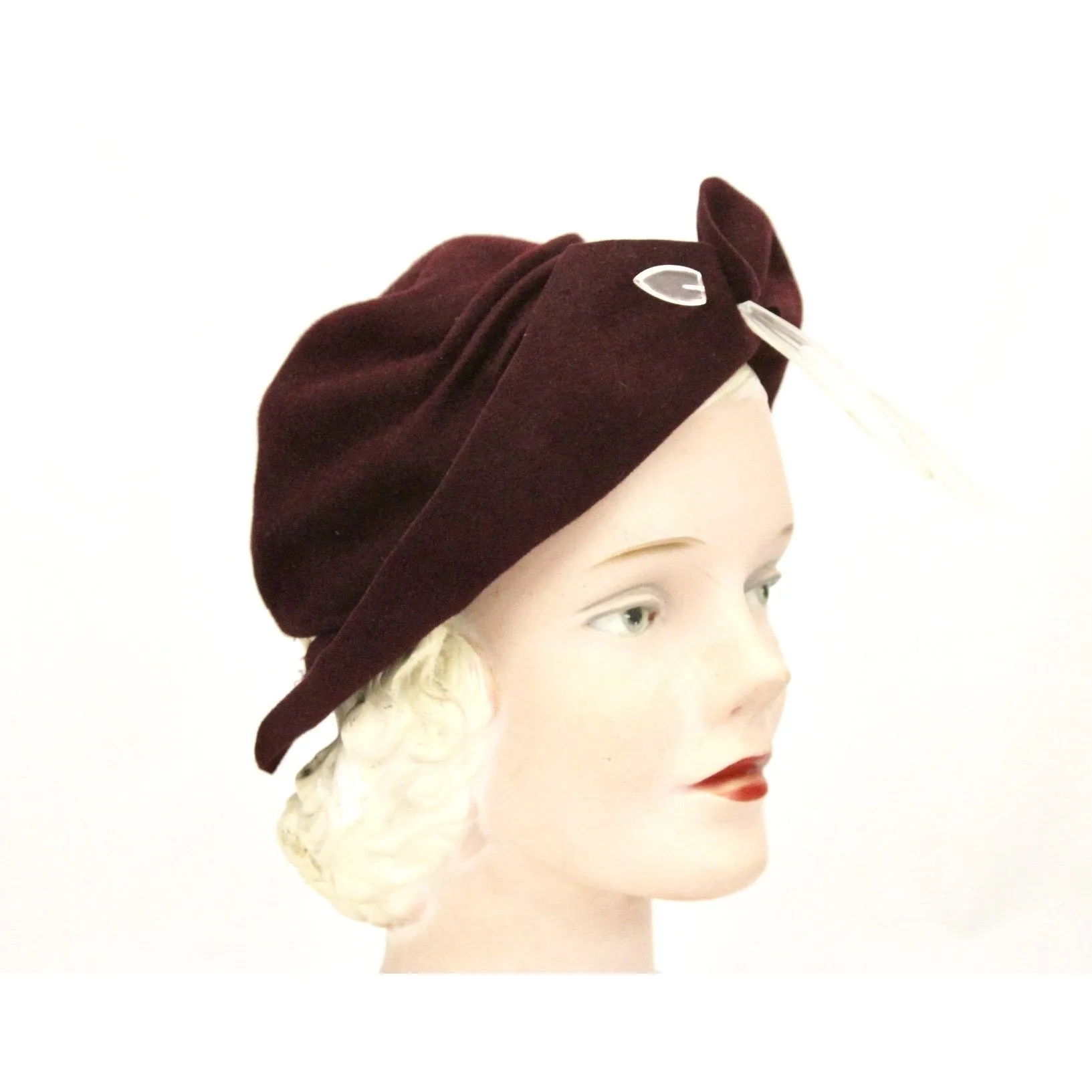Vintage 1930s Semi-Cloche Hat Maroon Red Huge Clear Lucite Hatpin O/S