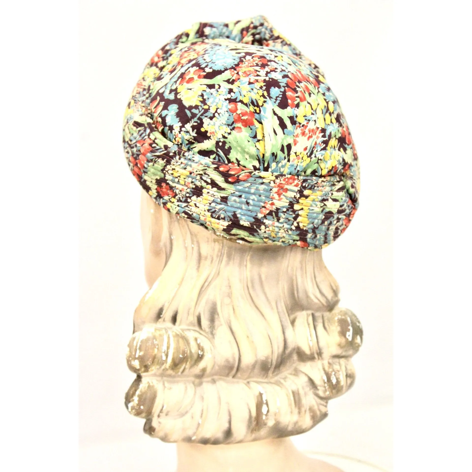 Vintage 1930s Womens Hat  Turban Rayon Dress Print Small Hat 20 1/2" Head Size