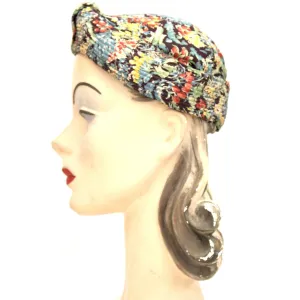 Vintage 1930s Womens Hat  Turban Rayon Dress Print Small Hat 20 1/2" Head Size