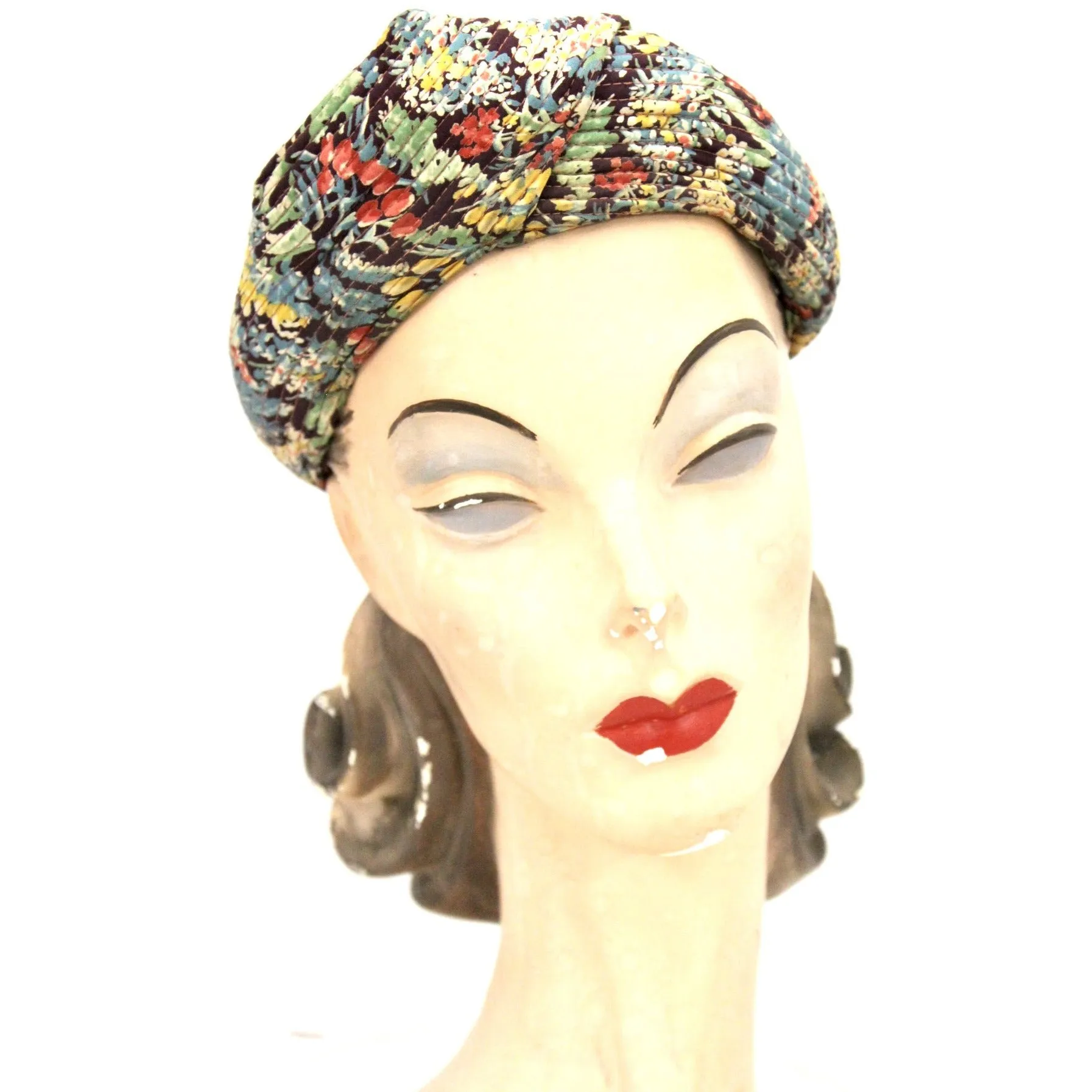 Vintage 1930s Womens Hat  Turban Rayon Dress Print Small Hat 20 1/2" Head Size