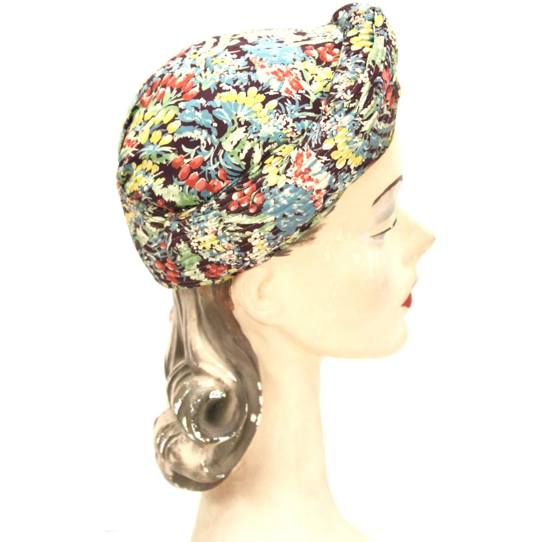 Vintage 1930s Womens Hat  Turban Rayon Dress Print Small Hat 20 1/2" Head Size