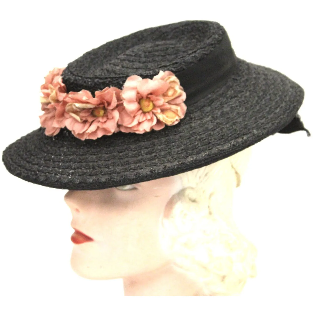 Vintage 1940s Womens Hat Sailor Brimmed Hat Black Horsehair Straw Pink Flowers