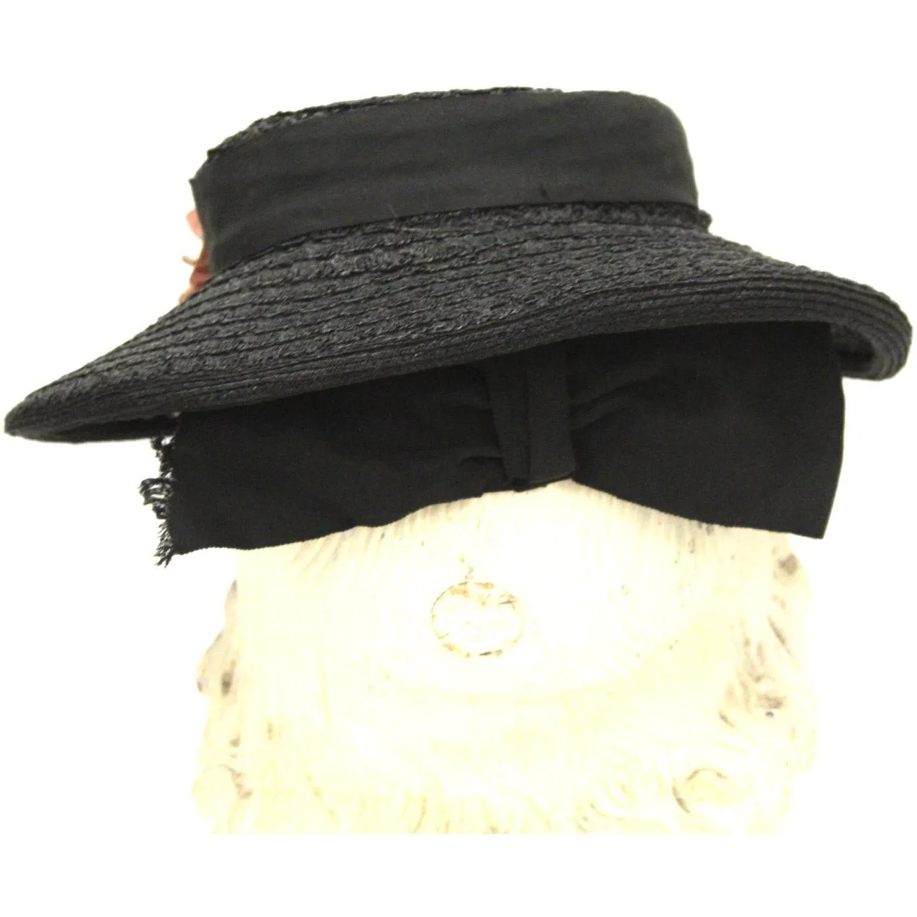 Vintage 1940s Womens Hat Sailor Brimmed Hat Black Horsehair Straw Pink Flowers