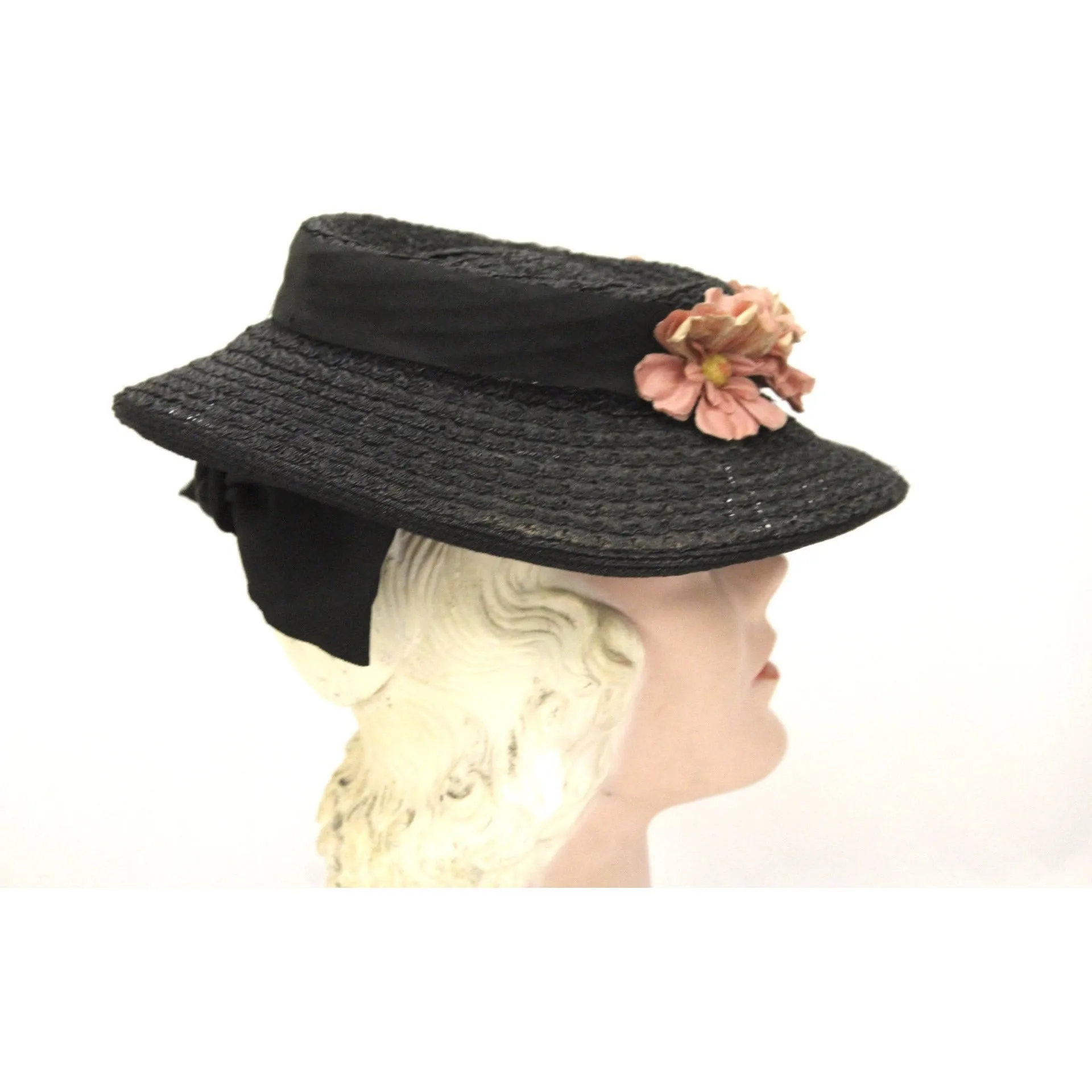 Vintage 1940s Womens Hat Sailor Brimmed Hat Black Horsehair Straw Pink Flowers