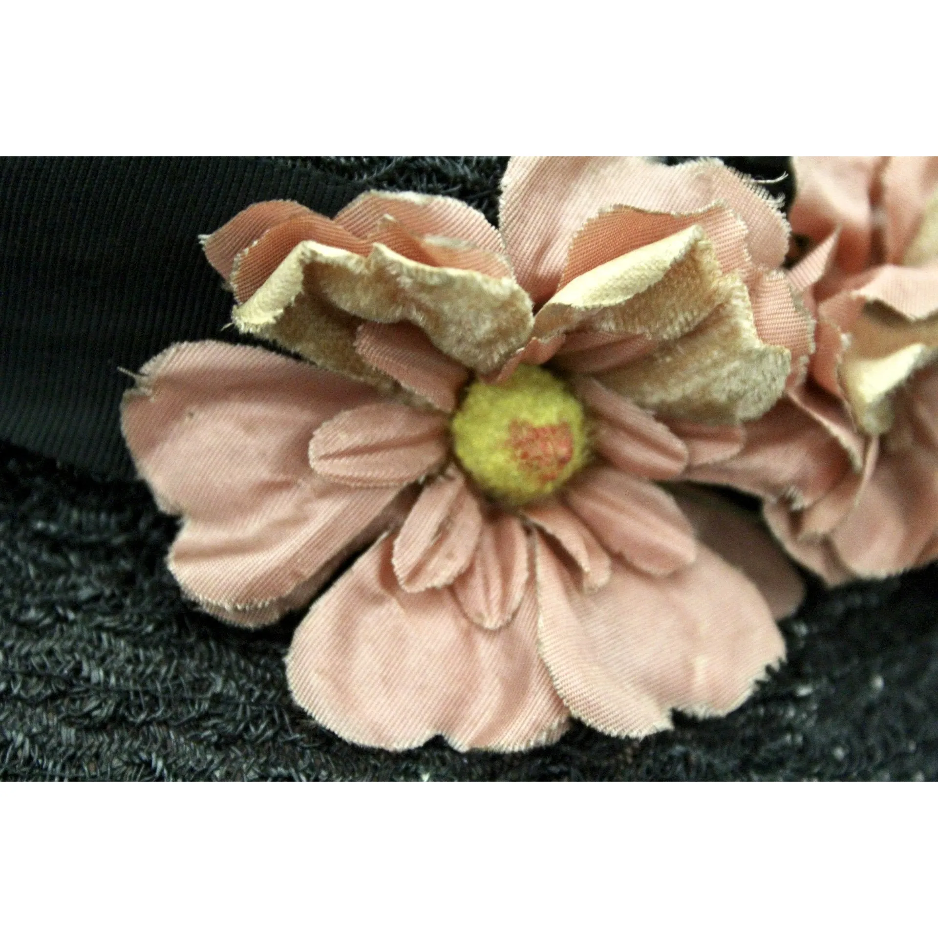 Vintage 1940s Womens Hat Sailor Brimmed Hat Black Horsehair Straw Pink Flowers