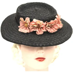 Vintage 1940s Womens Hat Sailor Brimmed Hat Black Horsehair Straw Pink Flowers