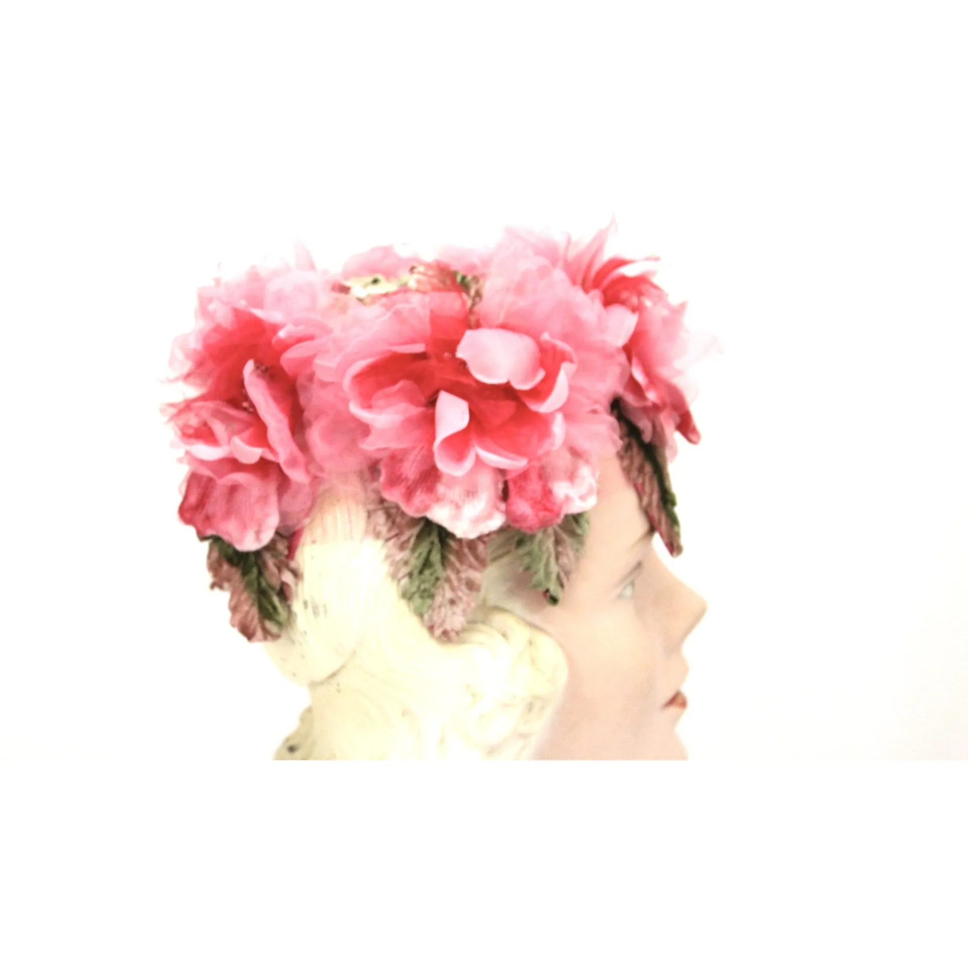 Vintage 1950s Garden Party Pillbox  Hat Valerie Modes Pink Flowers One Size Tea Party