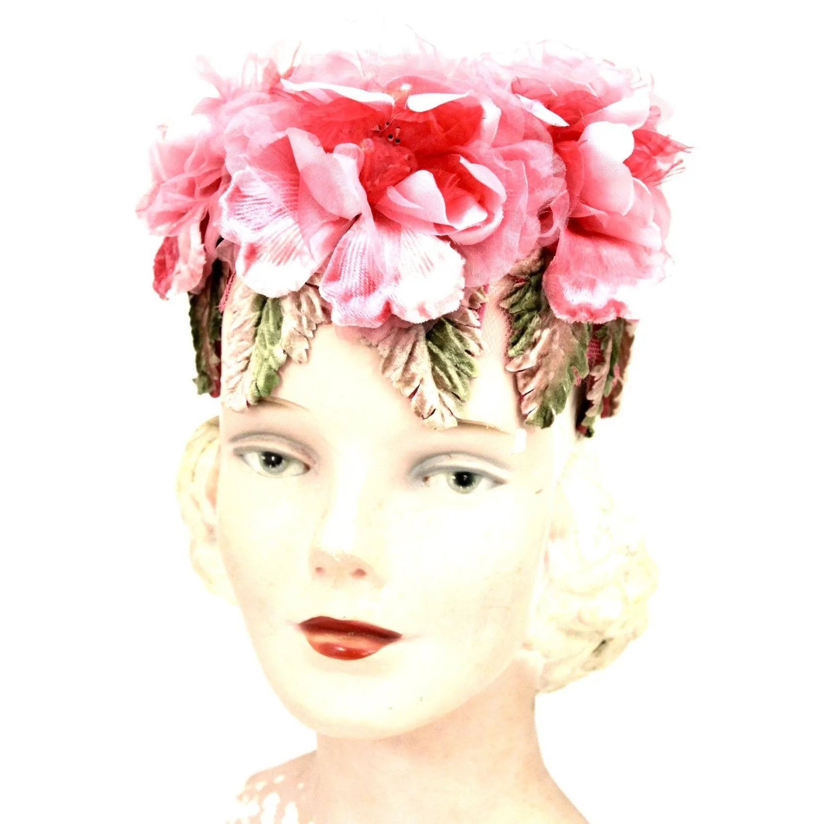 Vintage 1950s Garden Party Pillbox  Hat Valerie Modes Pink Flowers One Size Tea Party