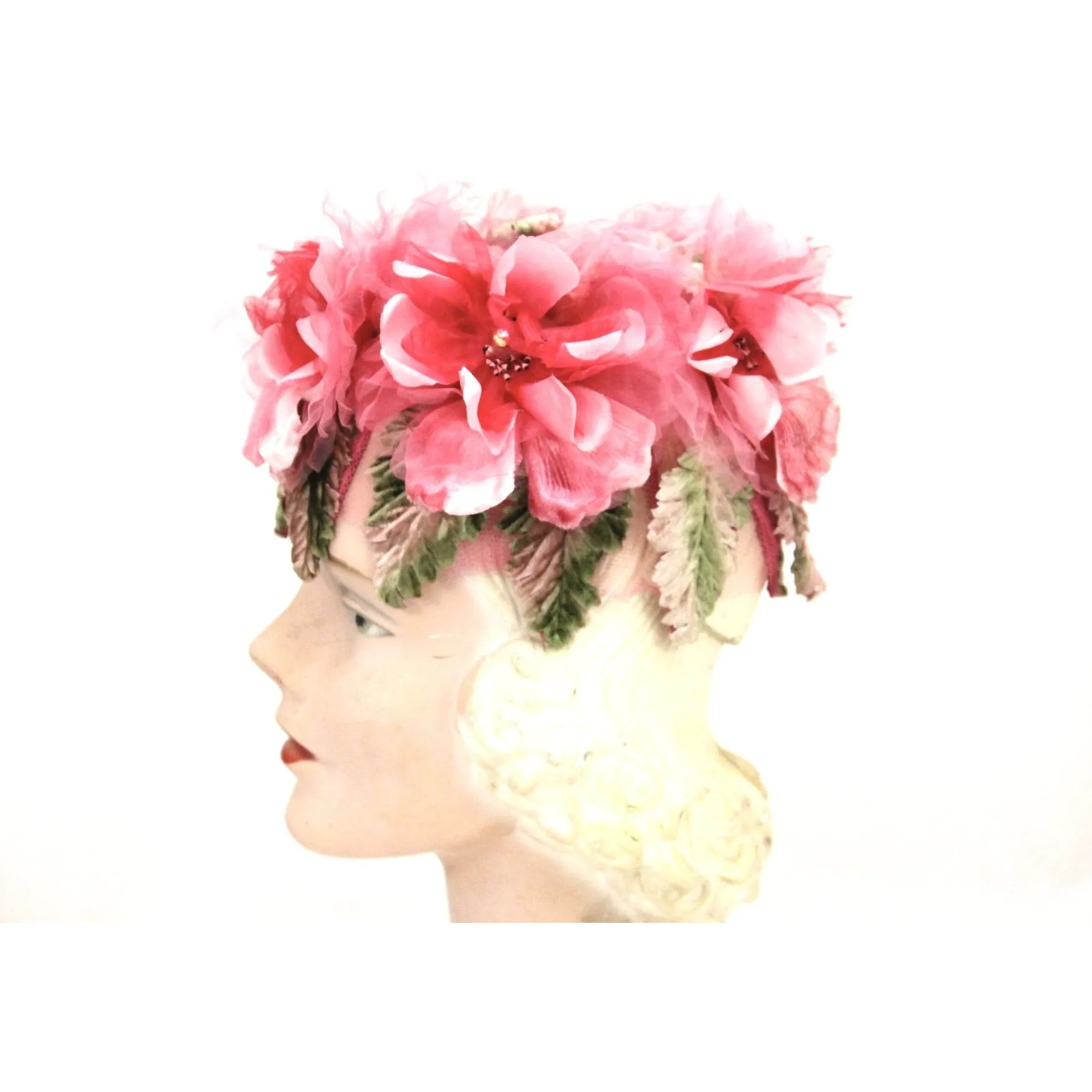 Vintage 1950s Garden Party Pillbox  Hat Valerie Modes Pink Flowers One Size Tea Party