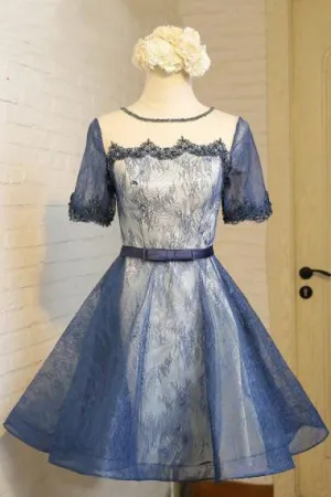Vintage A-Line Crew Knee-Length Short Sleeves Navy Blue Lace Homecoming Dress OK455
