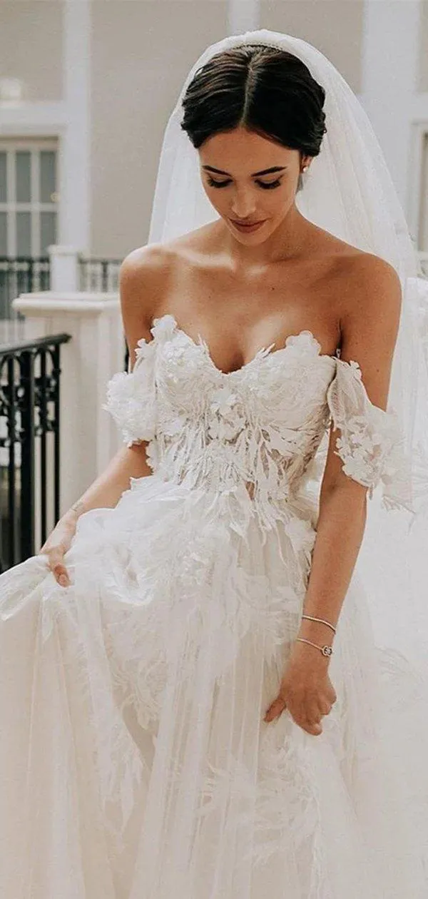 Vintage A-line Off the Shoulder Lace Romantic Long Wedding Dresses, WD0612