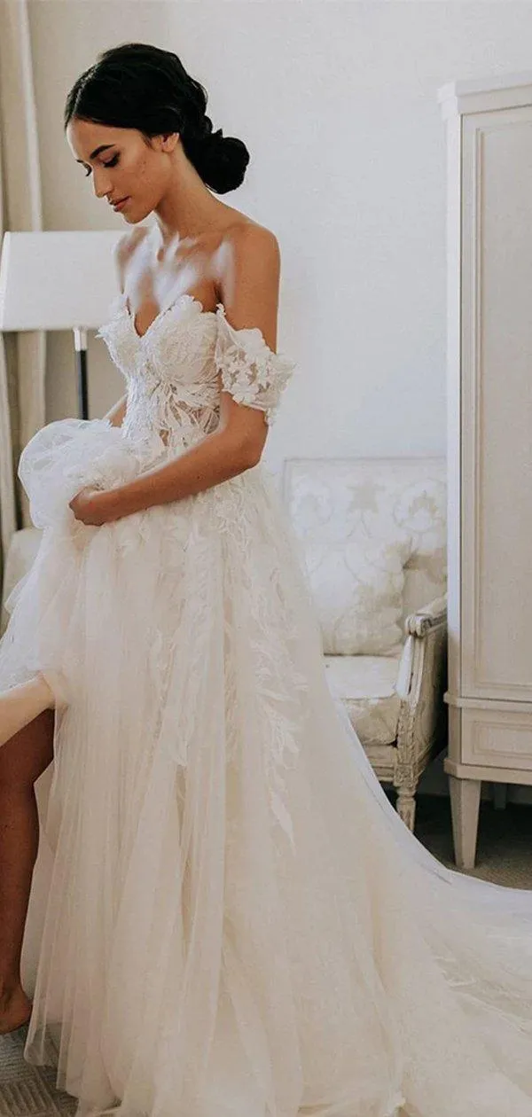 Vintage A-line Off the Shoulder Lace Romantic Long Wedding Dresses, WD0612