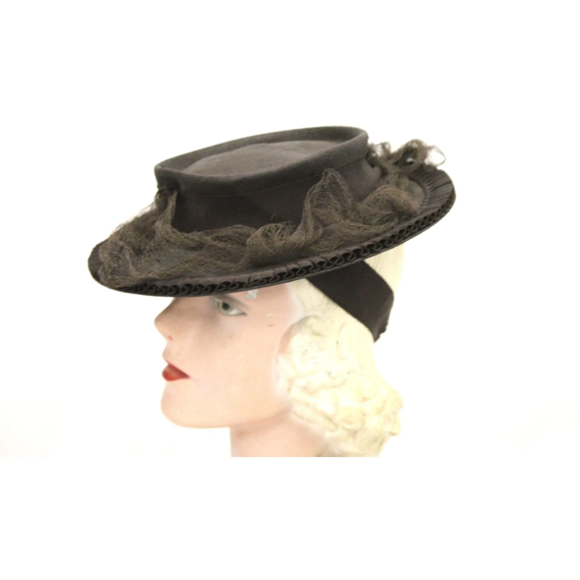 Vintage Brown Brimmed Sailor Fascinator Hat Fine Straw 1940s Gimbles Guernsey Pie