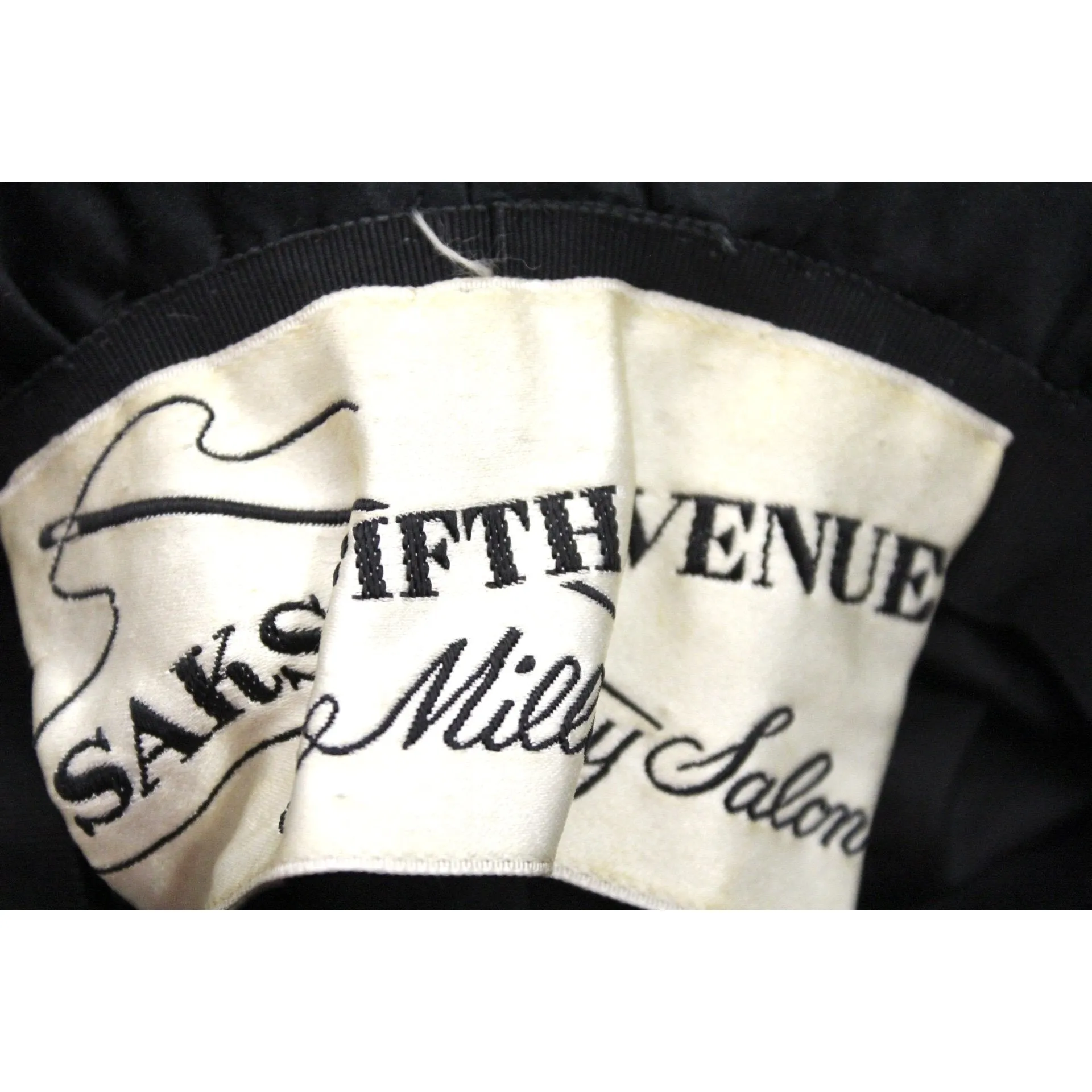 Vintage Bucket Hat Womens 1950s Saks Fifth Ave Millinery Black Satin Pink Rose Small Head