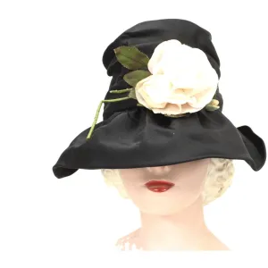 Vintage Bucket Hat Womens 1950s Saks Fifth Ave Millinery Black Satin Pink Rose Small Head