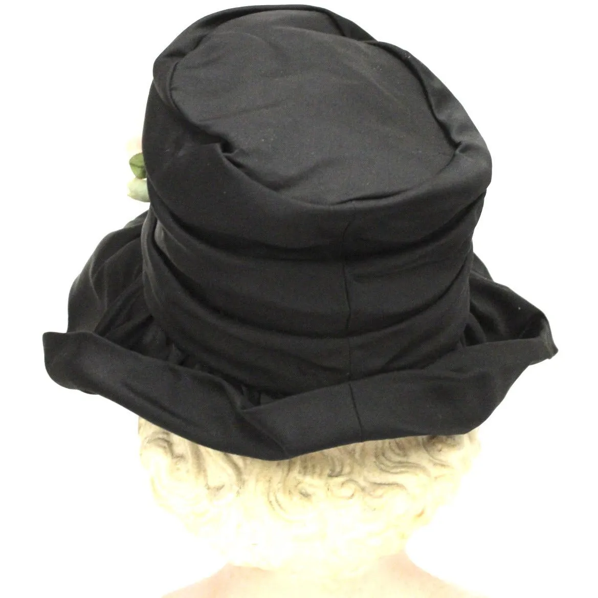 Vintage Bucket Hat Womens 1950s Saks Fifth Ave Millinery Black Satin Pink Rose Small Head