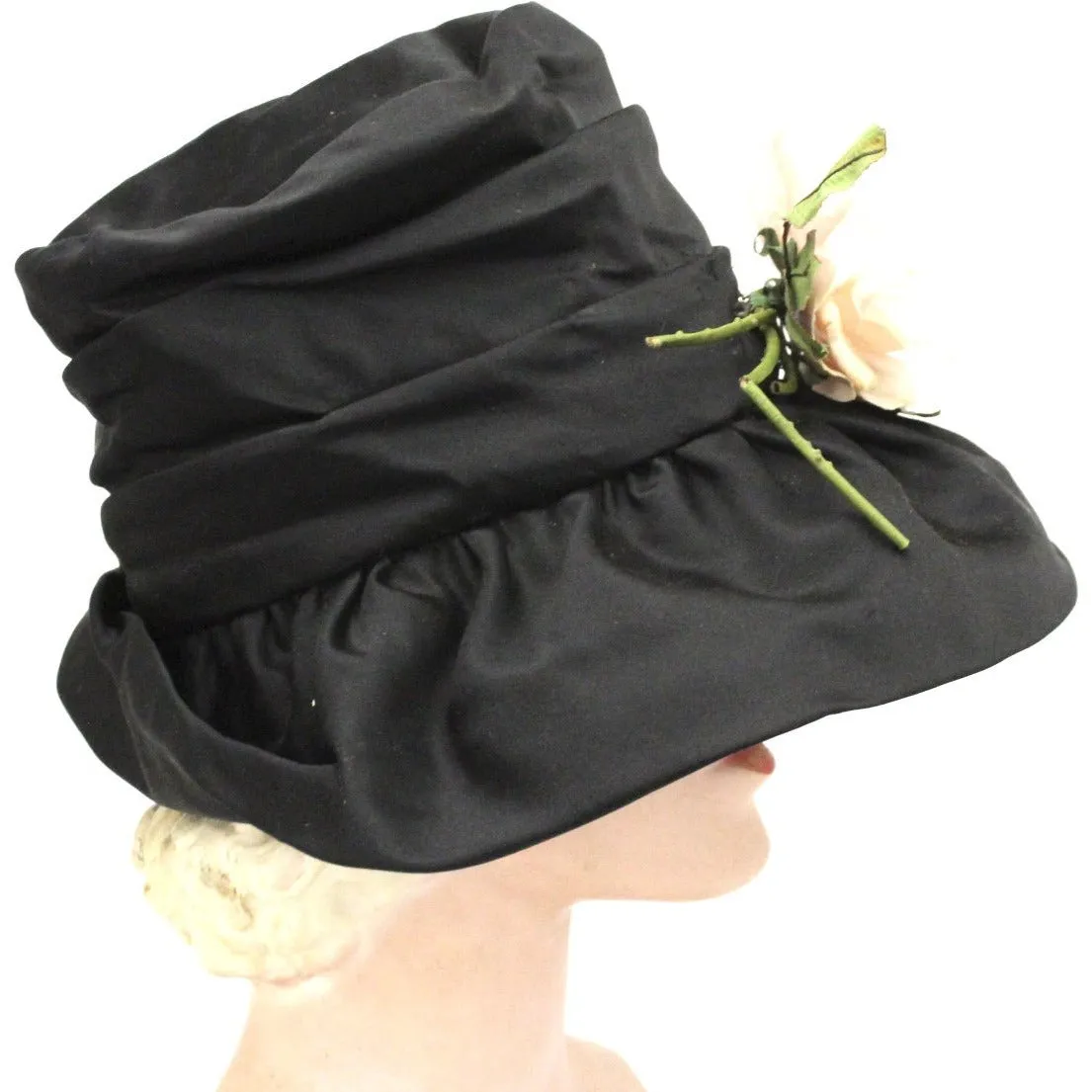 Vintage Bucket Hat Womens 1950s Saks Fifth Ave Millinery Black Satin Pink Rose Small Head