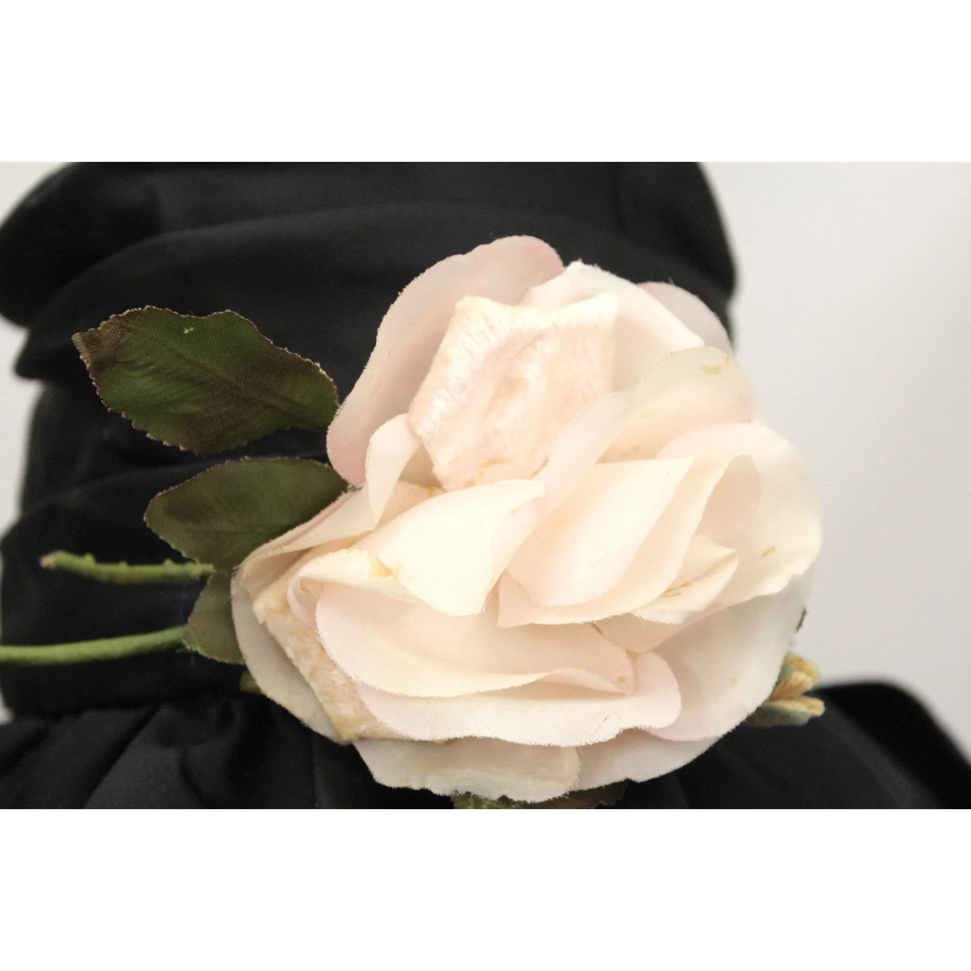 Vintage Bucket Hat Womens 1950s Saks Fifth Ave Millinery Black Satin Pink Rose Small Head