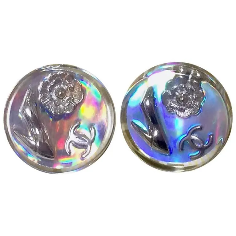 Vintage CHANEL silver tone and rainbow aurora shining earrings with Chanel iconic charms. Shoe, camellia, and CC mark in it. Perfect.