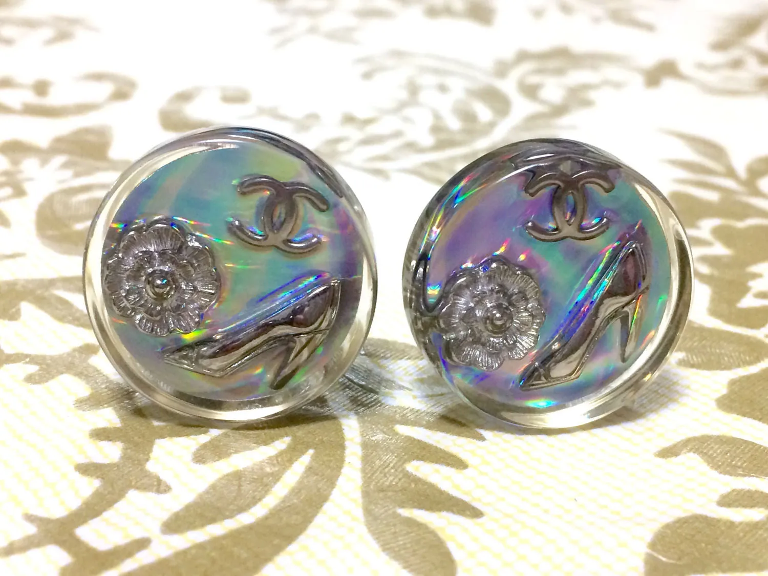Vintage CHANEL silver tone and rainbow aurora shining earrings with Chanel iconic charms. Shoe, camellia, and CC mark in it. Perfect.