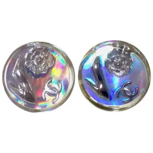 Vintage CHANEL silver tone and rainbow aurora shining earrings with Chanel iconic charms. Shoe, camellia, and CC mark in it. Perfect.