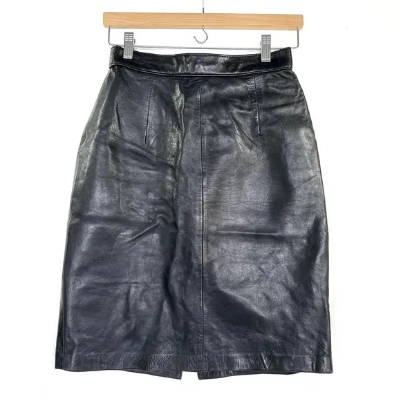 VINTAGE Cuir du Monde Black Leather Pencil Skirt Size 4/6 Goth Classic Alt Girl