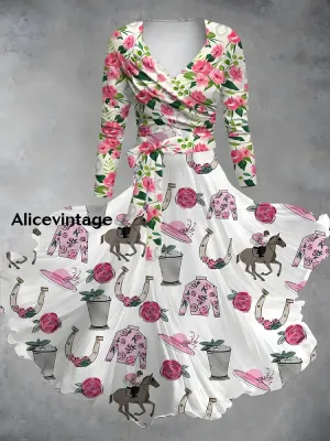Vintage Derby Day Print V-Neck Midi Two-Piece Long Sleeve Dress