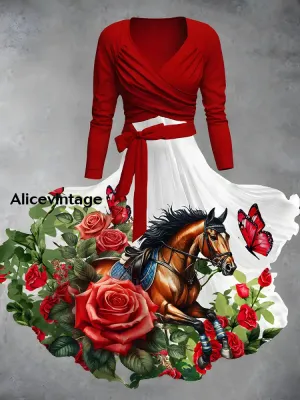 Vintage Derby Day Print V-Neck Midi Two-Piece Long Sleeve Dress