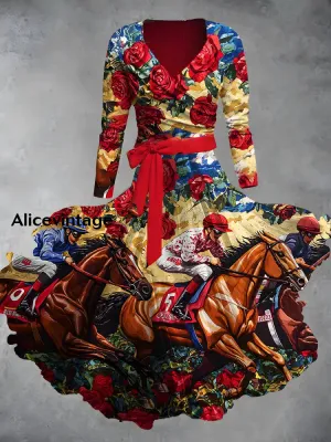 Vintage Derby Day Print V-Neck Midi Two-Piece Long Sleeve Dress