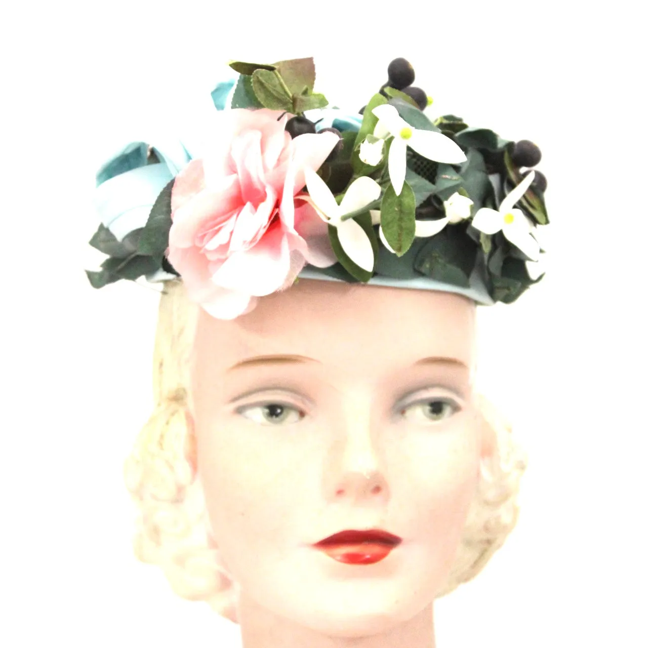 Vintage Don Anderson Womens Hat Garden Party 1940s Pillbox Blue Pink Flowers Blueberries
