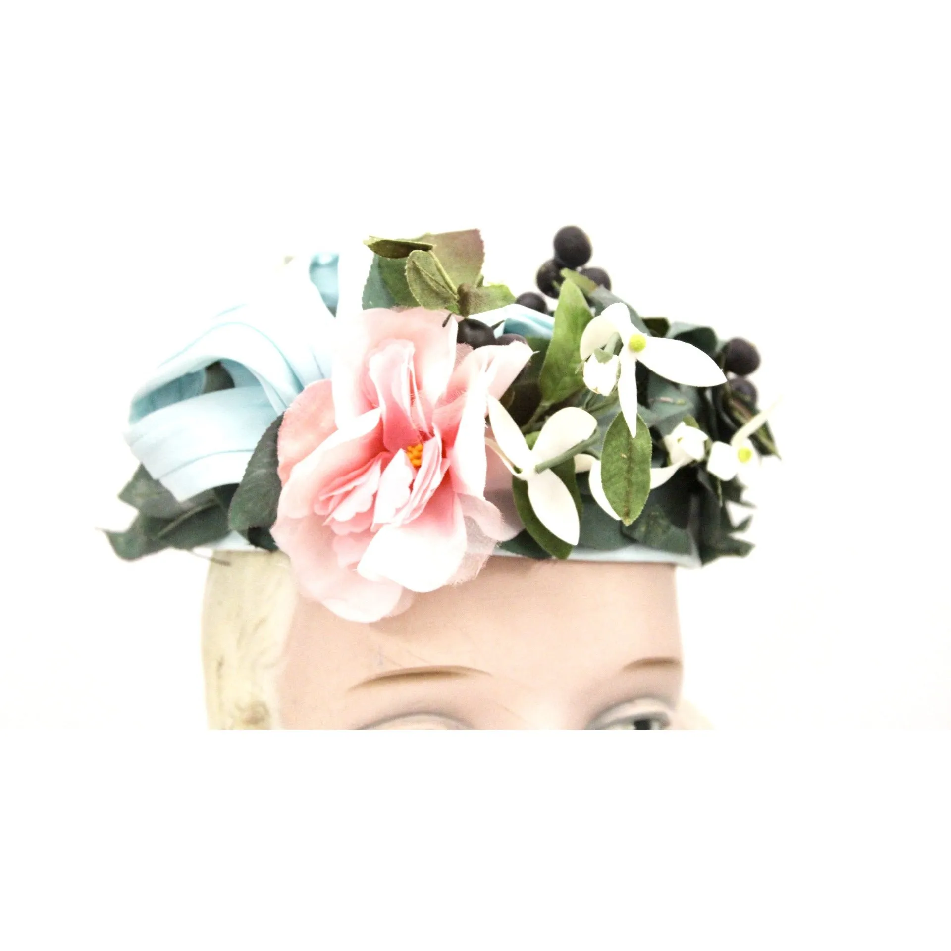 Vintage Don Anderson Womens Hat Garden Party 1940s Pillbox Blue Pink Flowers Blueberries