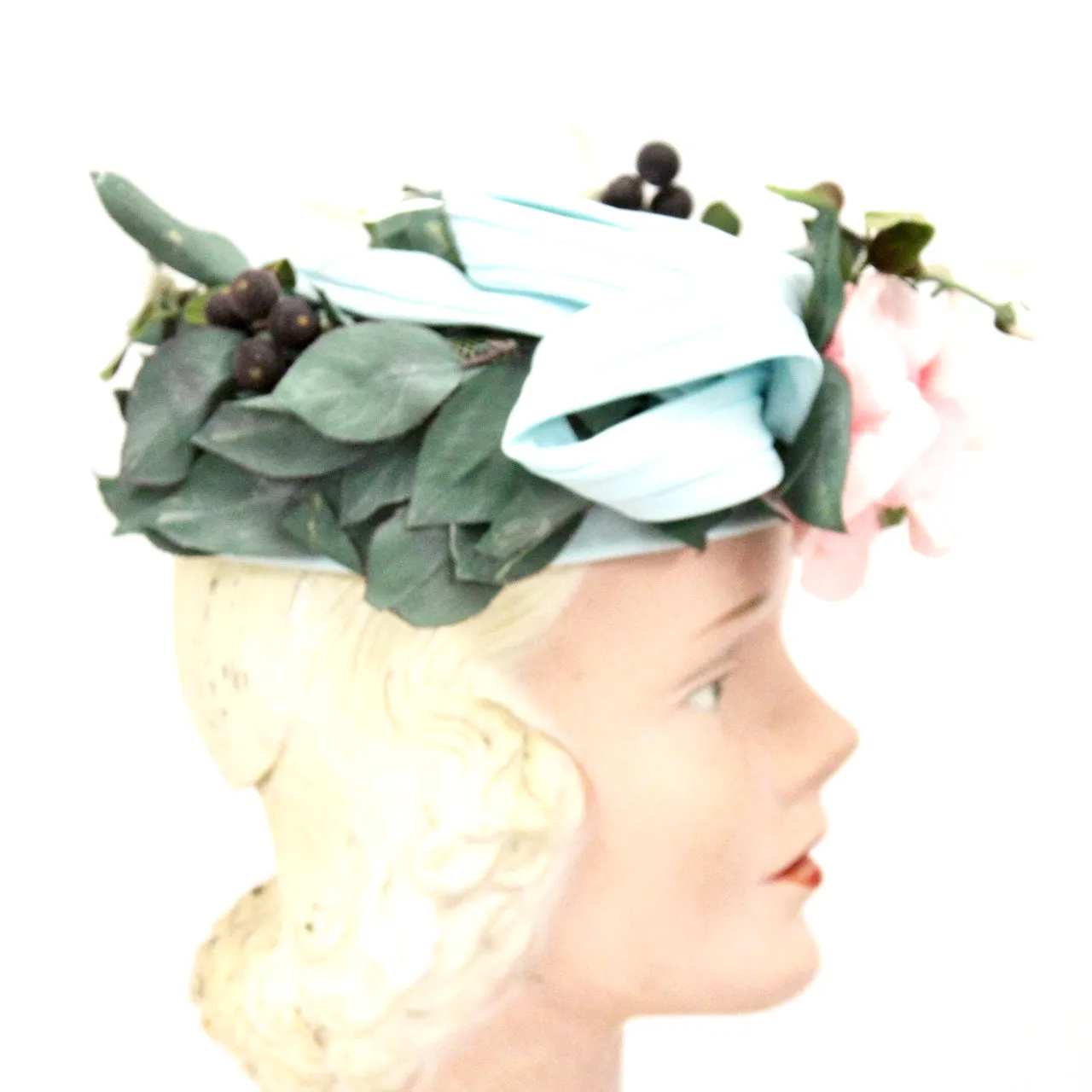 Vintage Don Anderson Womens Hat Garden Party 1940s Pillbox Blue Pink Flowers Blueberries