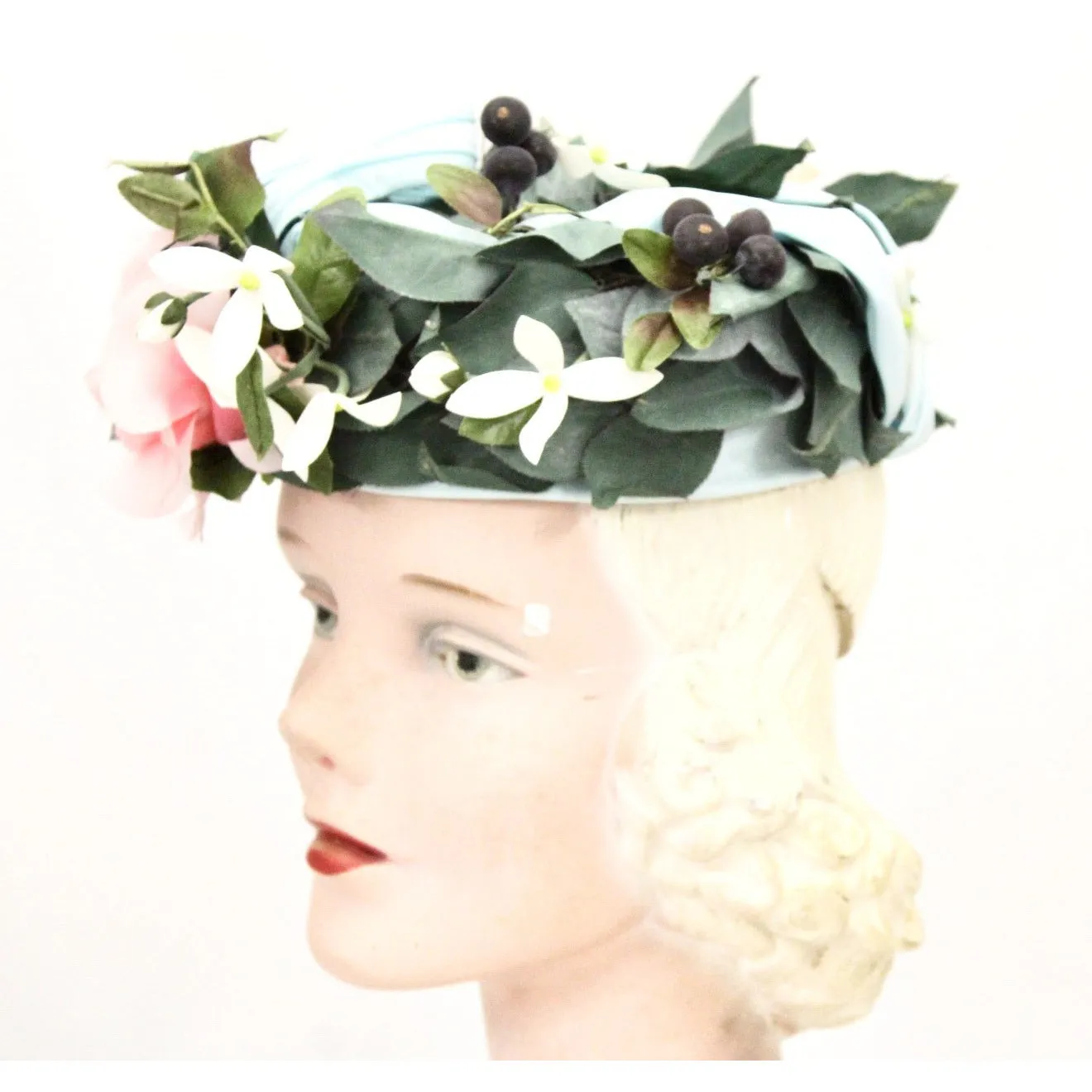 Vintage Don Anderson Womens Hat Garden Party 1940s Pillbox Blue Pink Flowers Blueberries