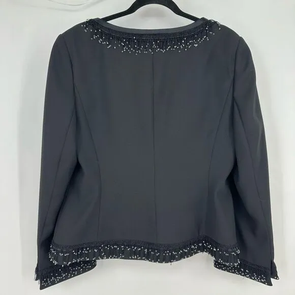 Vintage Emily Evening Jacket Beaded Fringe Size 14 Black Round Neck Quilt Luxury
