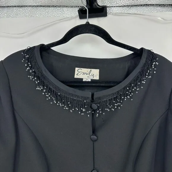 Vintage Emily Evening Jacket Beaded Fringe Size 14 Black Round Neck Quilt Luxury