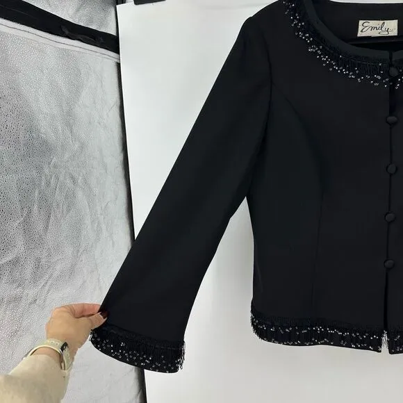 Vintage Emily Evening Jacket Beaded Fringe Size 14 Black Round Neck Quilt Luxury
